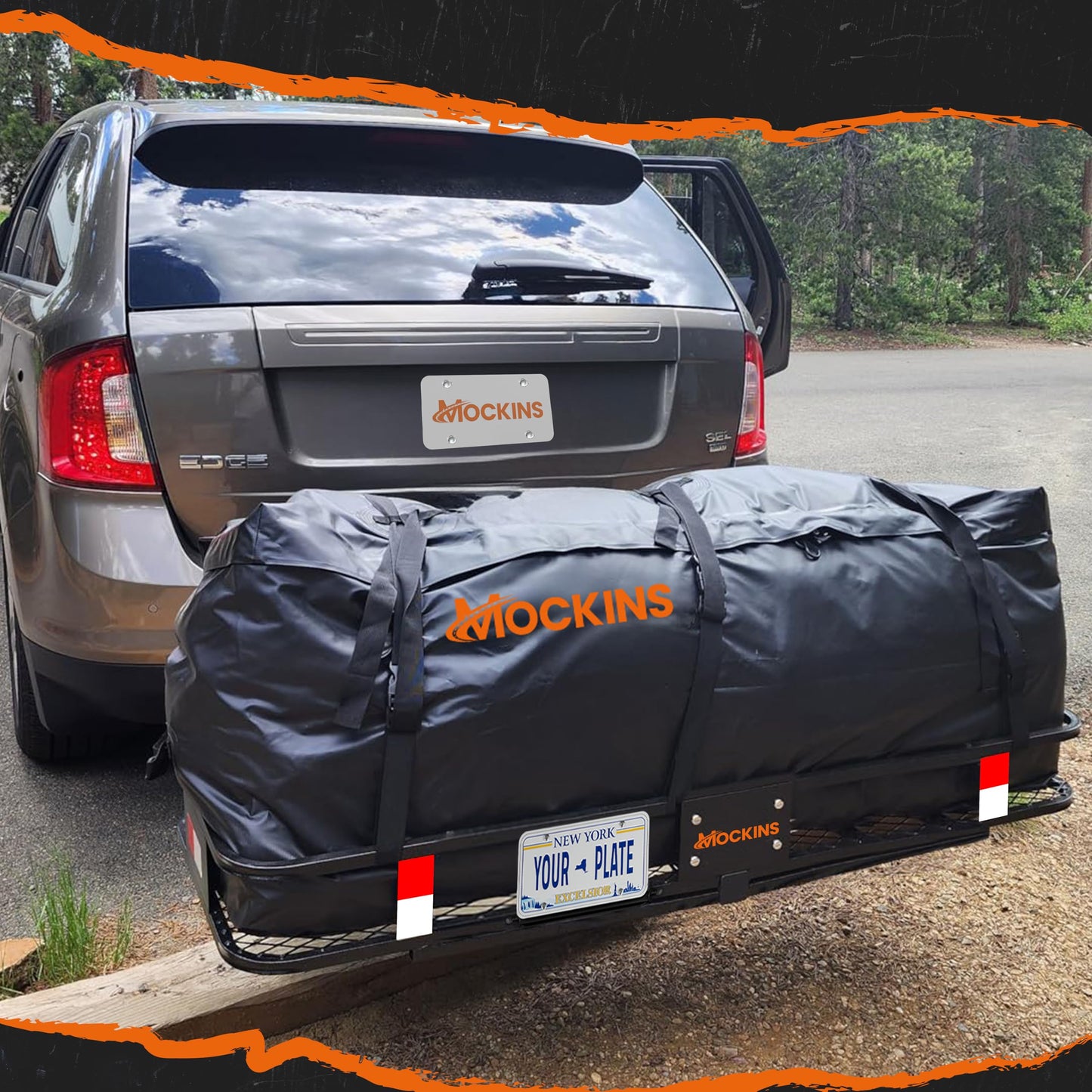 Mockins Folding Luggage Rack for SUV Car Truck ATV & More | 500 lb. Capacity Steel Trailer Hitch Cargo Carrier 60"x20"x6" w/ 16 Cu Ft Waterproof Cargo Bag for Hitch Carrier & Cargo Trailer Accessories