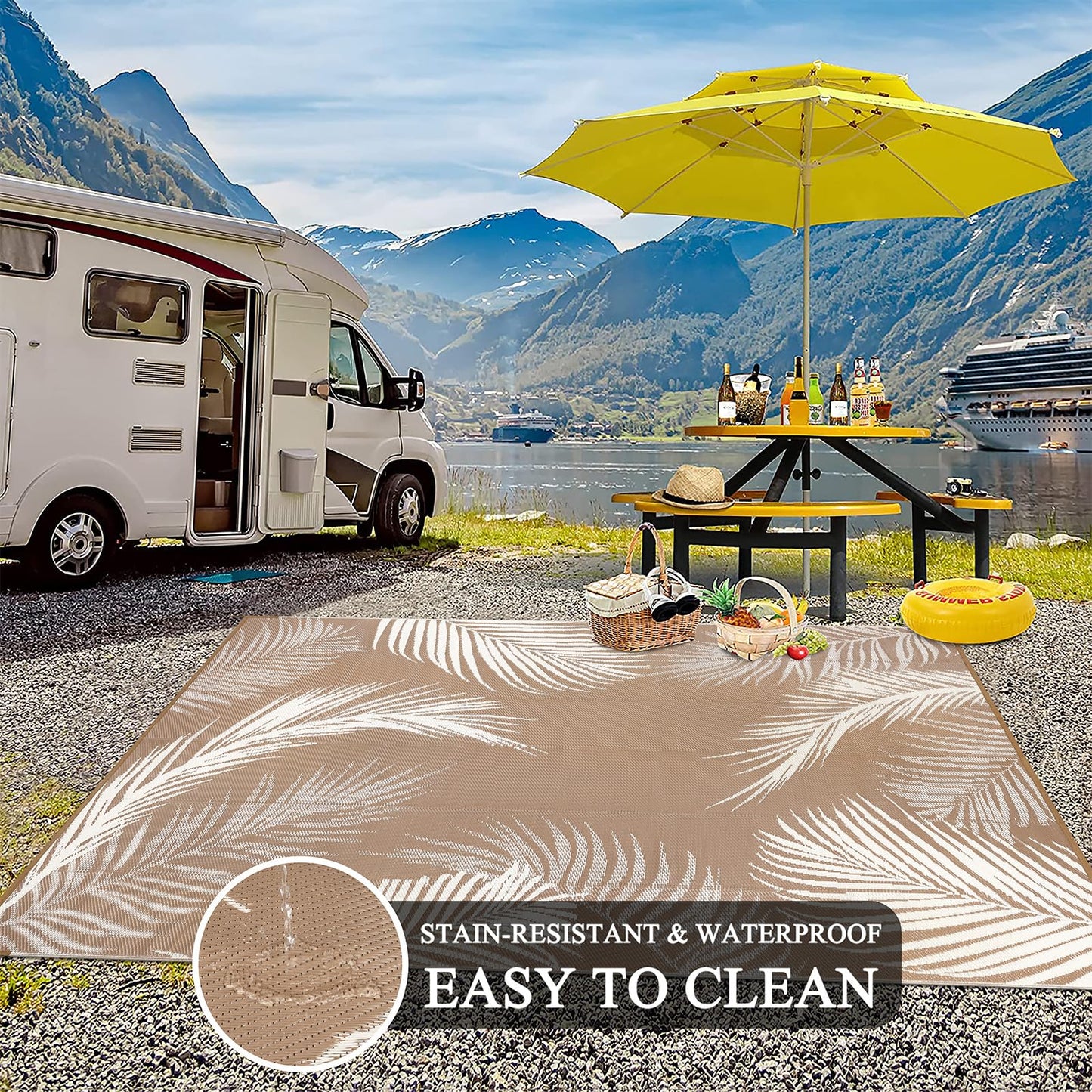 Pauwer Waterproof Outdoor Rug 10x14, Reversible Plastic Straw Patio Camping Rug, Indoor Outdoor RV Mat Carpet for Deck, Camper, Porch, Balcony, Backyard, Picnic, Leaf Brown