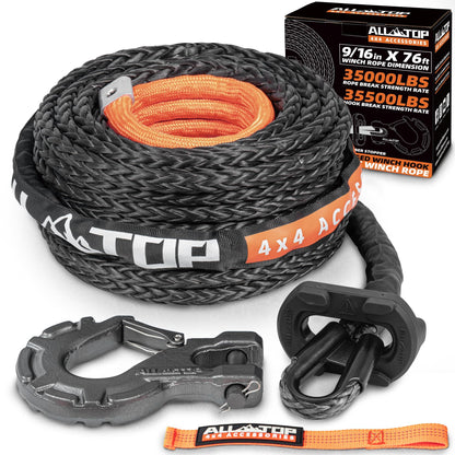 ALL-TOP Synthetic Winch Rope w/Hook & Isolator, 9/16in x 76ft, 35000Lbs UHMWPE Cable Replace Kit, Forged Hook & Rubber Stopper & Safety Pull Strap