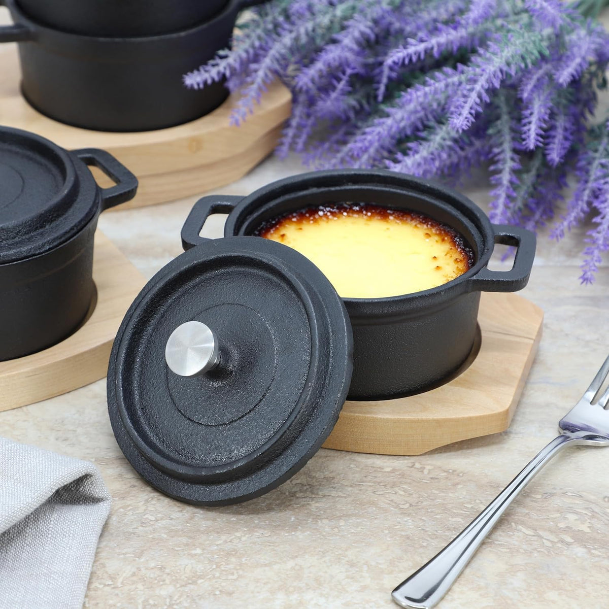 MegaChef Cast Iron Mini Dutch Oven - 8 Ounce Cookware with Wood Tray | Versatile Bakeware & Serveware Set