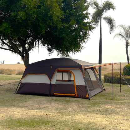 KTT Extra Large Tent 12 Person(A),Family Cabin Tents,2 Rooms,3 Doors and 3 Windows with Mesh,Straight Wall,Waterproof,Double Layer,Big Tent for Outdoor,Picnic,Camping,Family Gathering(Brown)