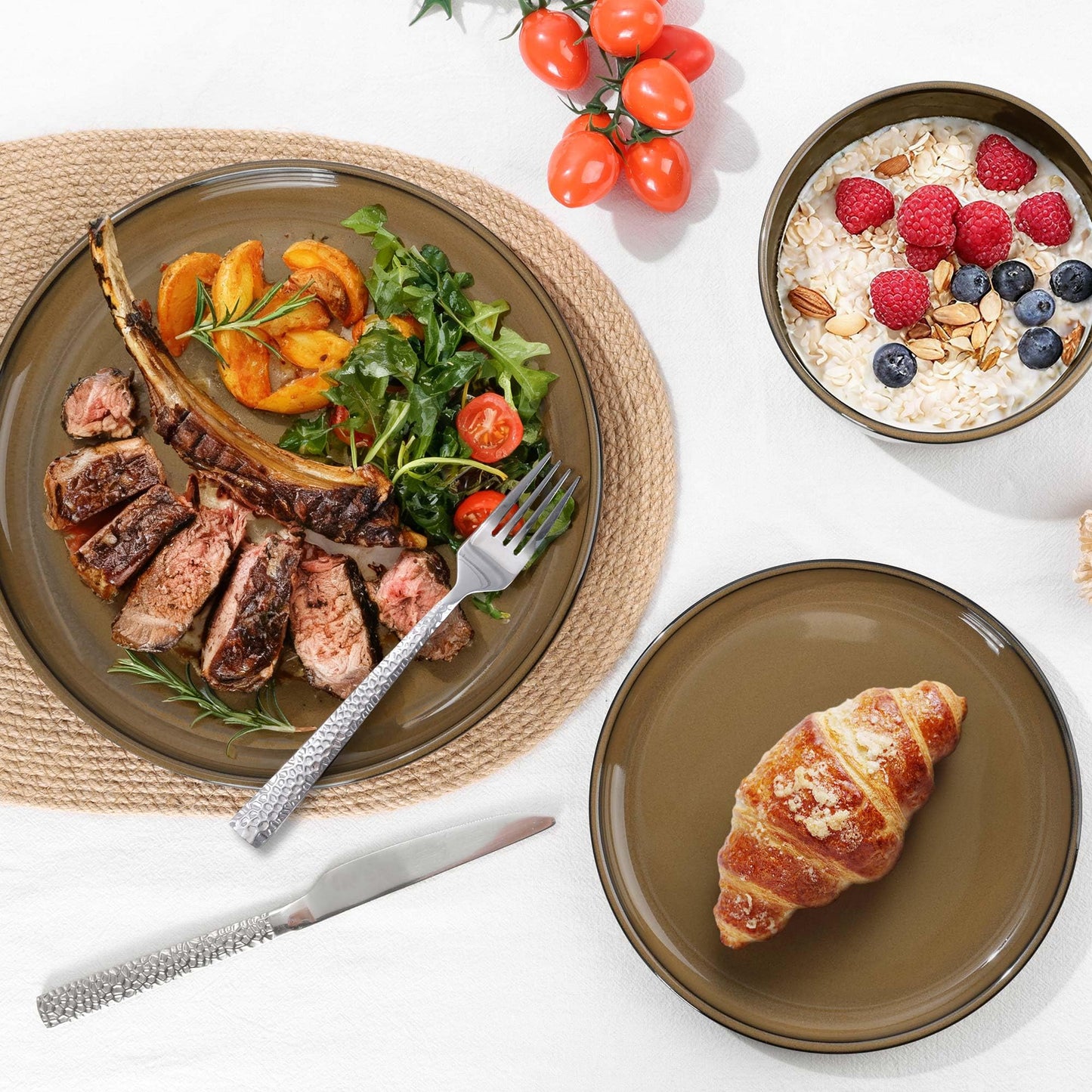 E-far Stoneware Dinnerware Sets for 6, 18 Pieces Reactive Glaze Plates and Bowls Sets, Elegant Dishes with Rustic Terracotta Clay Base, Dishwasher & Microwave Safe, Scratch Resistant, Deep Camel