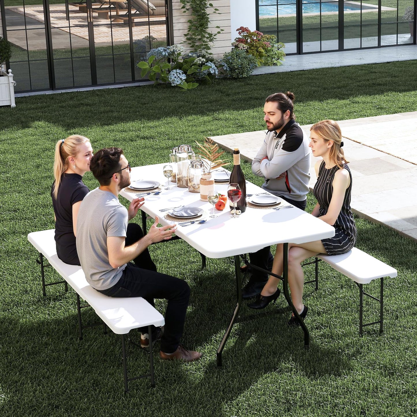 Real Relax 6' Picnic Table with 2 Benches, 3 Piece White Portable HDPE Folding Camping Table and Benches for Courtyard, Garden, Outdoor Leisure, Party