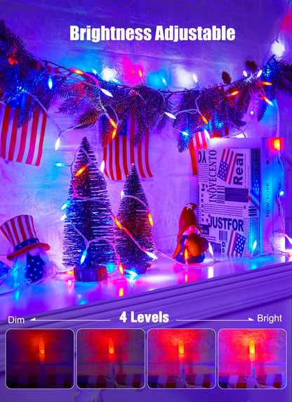 Minetom 200 LED String Lights with Remote, Waterproof, Red White Blue, Indoor/Outdoor, Model DMO-S-100