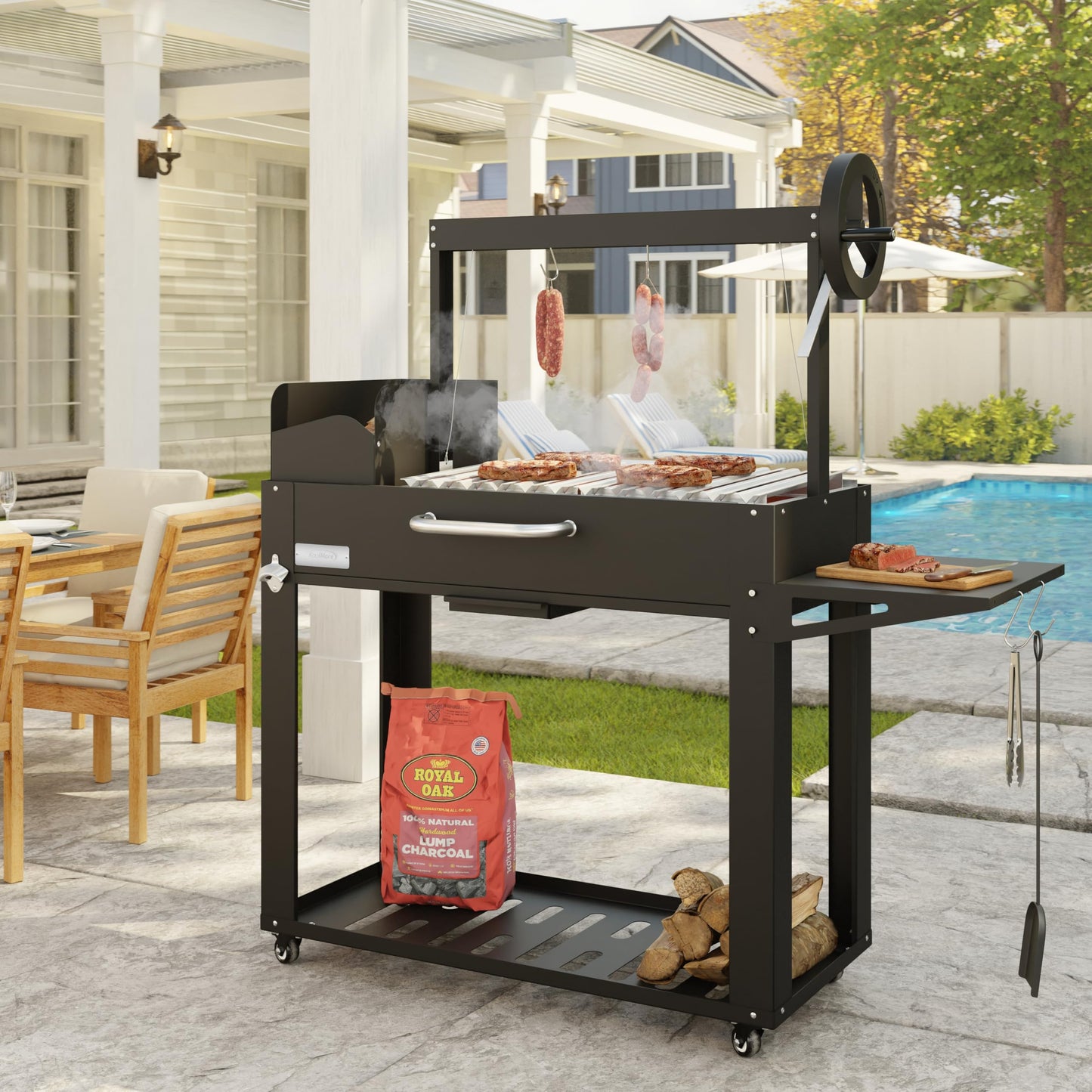 KoolMore 54 in. Charcoal BBQ Grill, Santa Maria Argentine Outdoor Grill with Interchangeable V Grates, Large Barbecue Grill for Outdoor Cooking, Black
