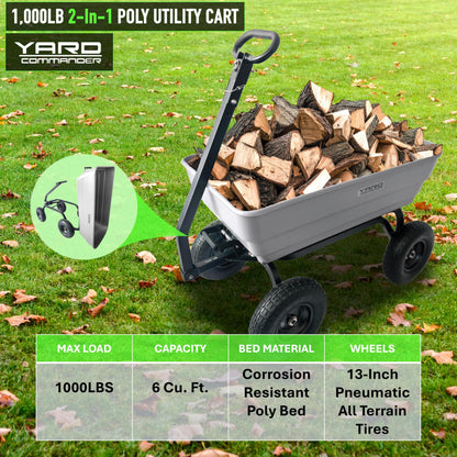 Yard Commander - 1000 lb Poly Dump Cart, Heavy Duty Towable Garden Utility Cart with 6 Cu. Ft. Dump Bed, 13-Inch Pneumatic All-Terrain Tires, 2-in-1 Handle, Tow-Behind ATV & Lawn Tractor Cart