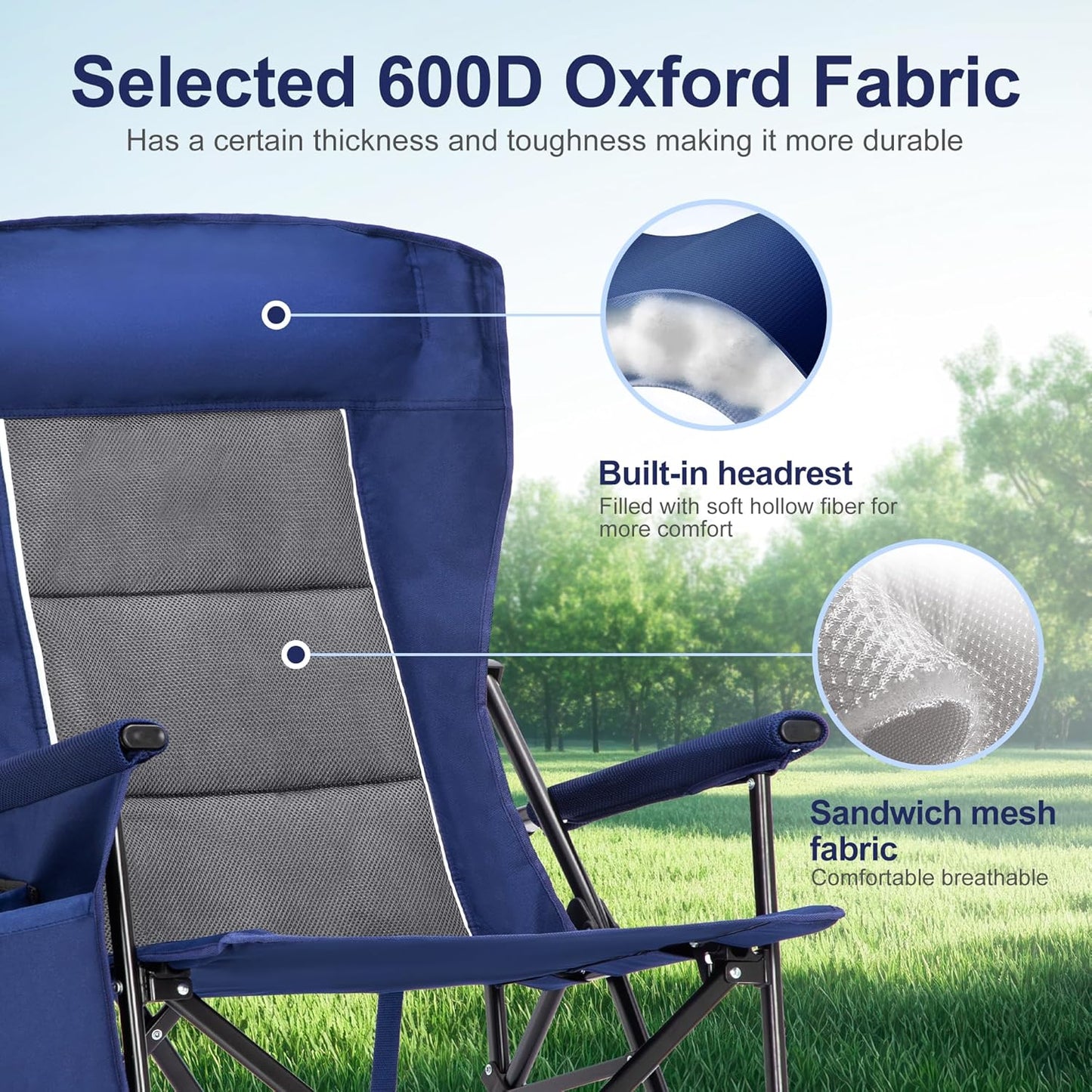 LET'S CAMP Oversized Camping Chairs - Heavy Duty 500LBS Support | Portable Collapsible Design, 2 Pack (Blue)