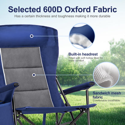 LET'S CAMP Oversized Camping Chairs 29.52" High Back Heavy Duty Lawn Chair Support 500LBS, Portable Collapsible Chair with Cup Holder, Side Pocket,2 Pack(Blue)