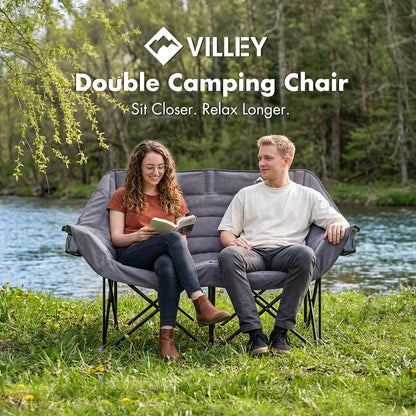 VILLEY Oversized Double Camping Chair, Heavy-Duty Folding Loveseat Camp Chair with Cup Holders, 2 Person Outdoor Chair Supports up to 900 lbs for Camping, Beach, Lawn & Sports, Grey