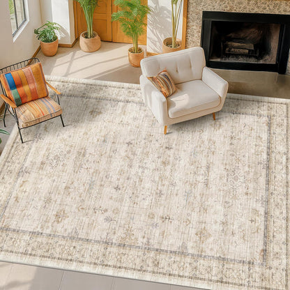 Skiennix Washable Ivory 5x7 Area Rug - Non-Slip Low Pile Carpet for Bedroom & Home Office