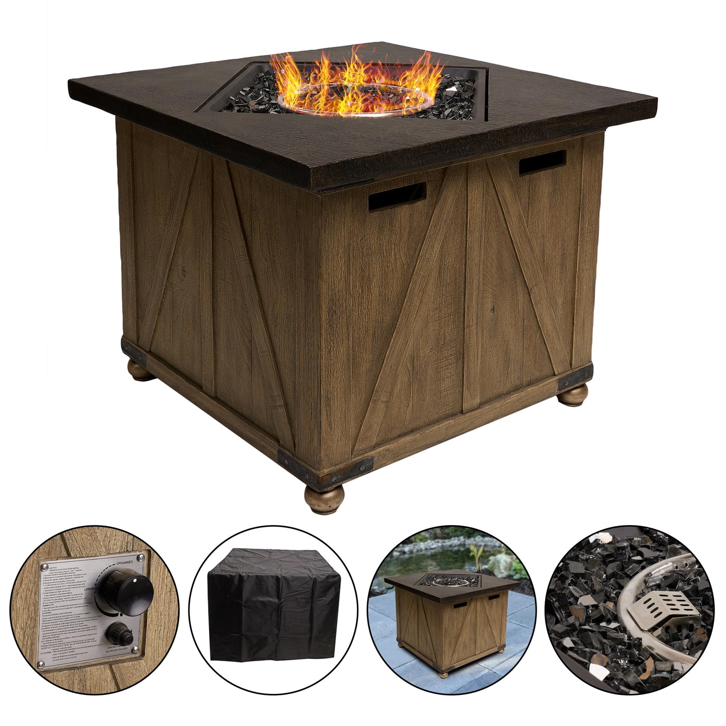 Alpine Corporation 24" Wood Grain Fire Pit Table, 50K BTU, All Weather Outdoor Heater with Flame Control for Patio, Garden and Yard