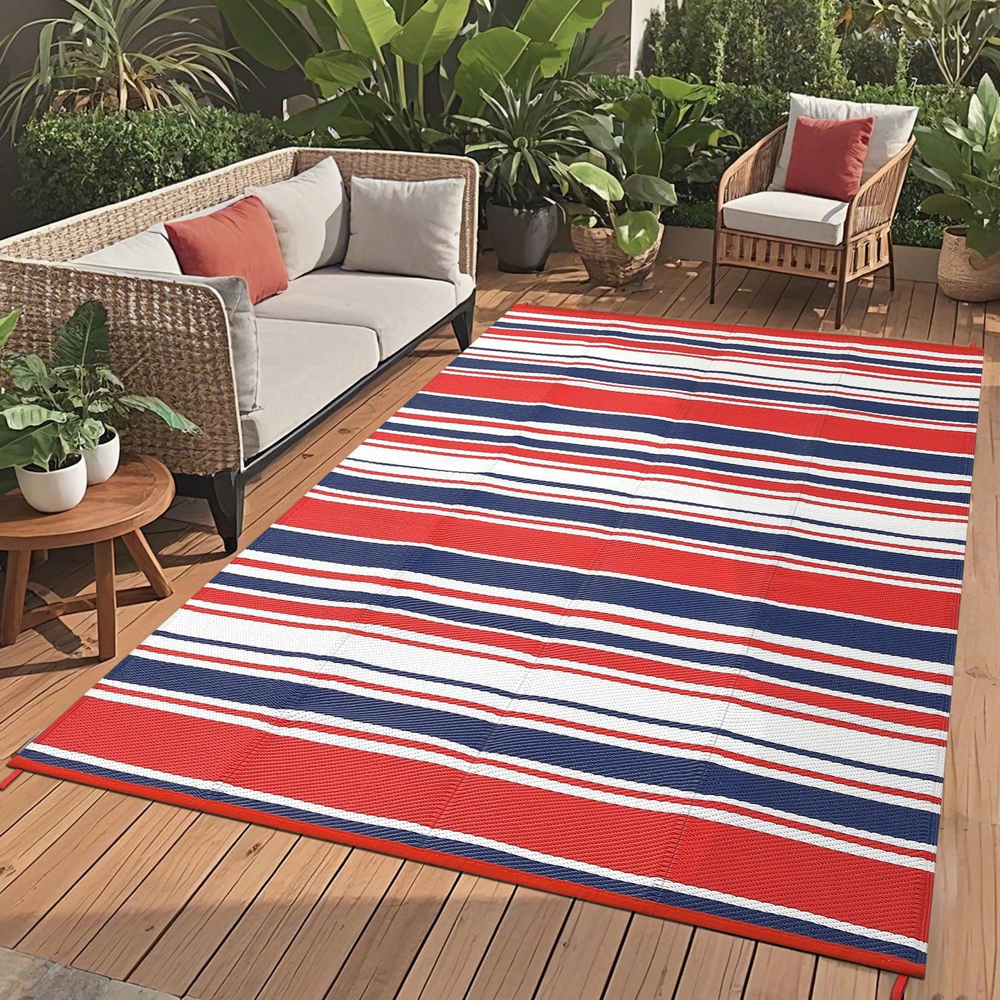 GAOMON 10x20 Outdoor Rug Waterproof for Patio Plastic Straw Large Rug Geometric Stripe Indoor Outdoor Area Rug Modern Lines Outdoor Camping Rugs for RV Porch Deck Backyard Balcony, Red Navy White