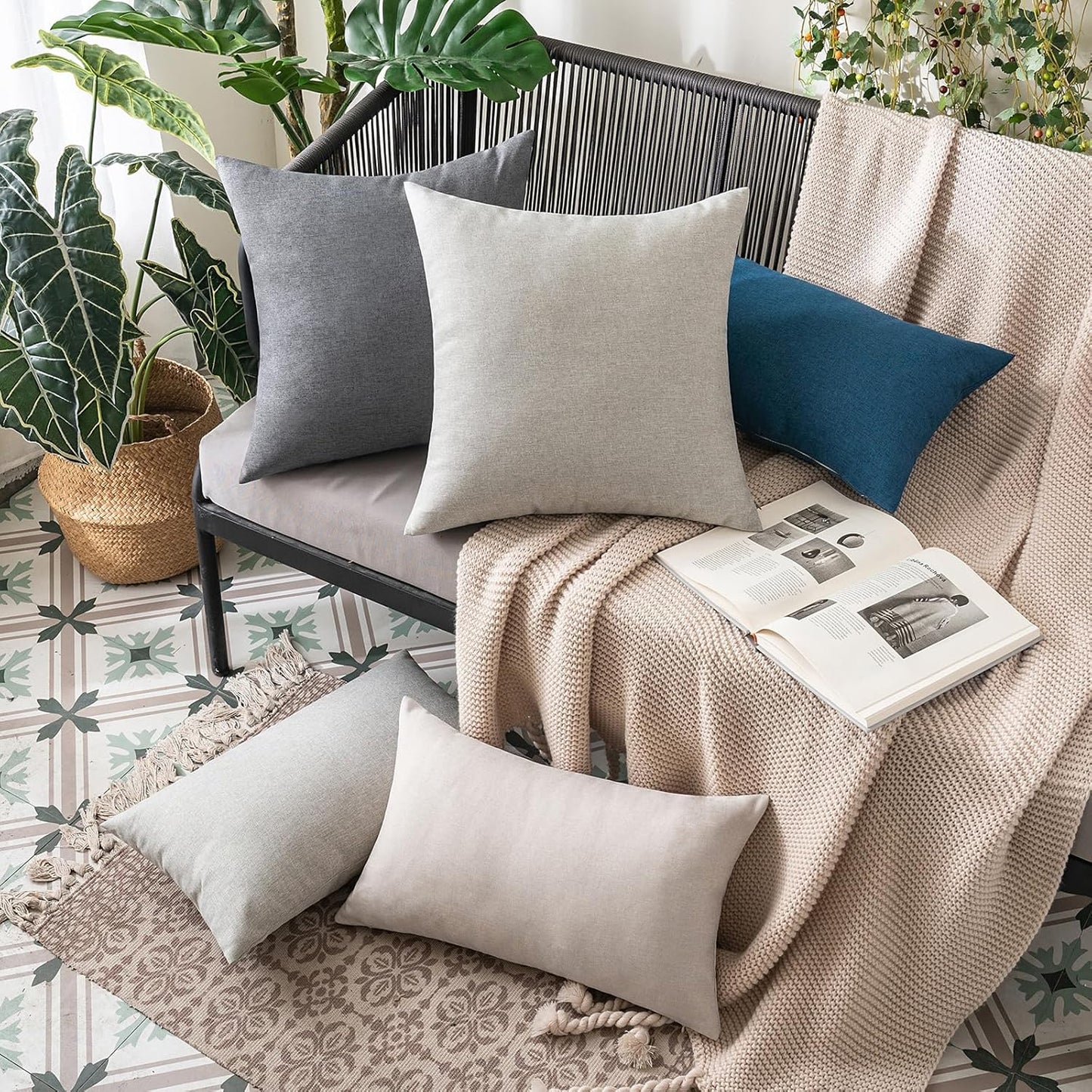 MIULEE Decorative Outdoor Throw Pillow Covers - Waterproof Faux Linen Cushion Cases | 22x22 Inch Light Grey (Pack of 2)