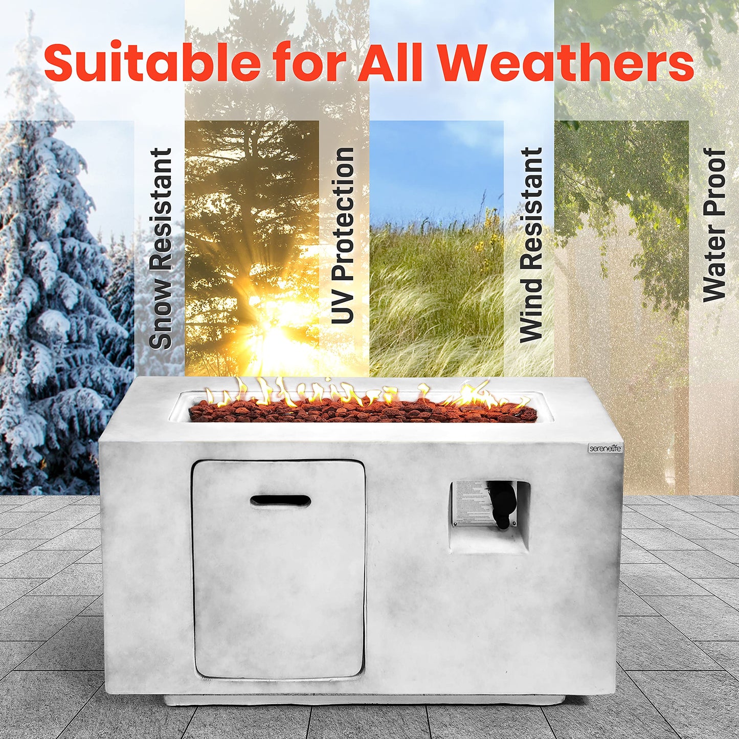 SereneLife Concrete Outdoor Propane Fire Pit Table, 50,000 BTU Square Gas Fire Table with Adjustable Flame, Lava Rocks, Weather-Resistant Design, and Protective Cover for Patio, Deck, or Backyard