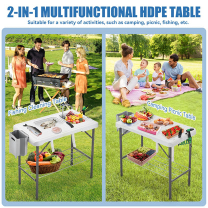 Avocahom Folding Fish Cleaning Table Portable Camping Double Sinks Table w/2 Dual Water Basins, Faucet Drainage Hose & Sprayer Outdoor Fish Fillet Cleaning Station w/Knife, Storage Box,Black