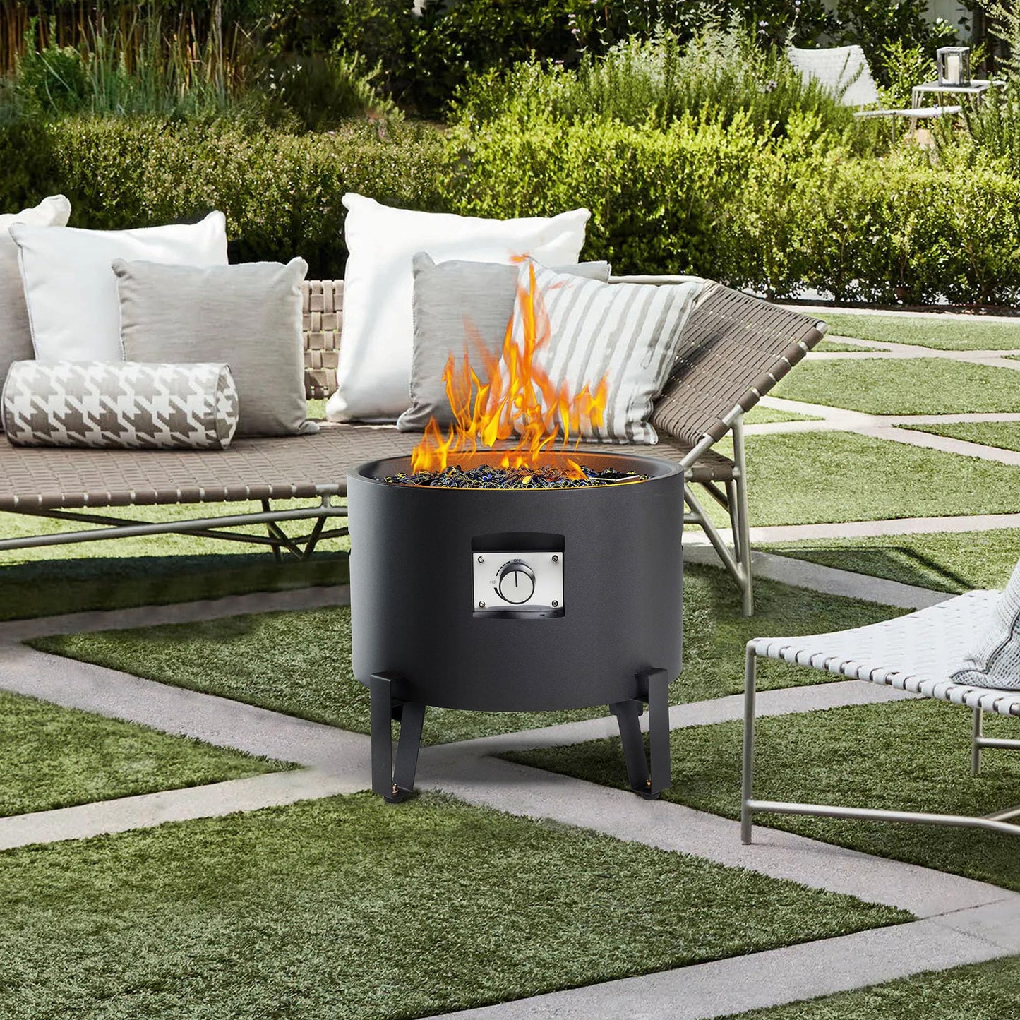 BAIDE HOME Portable Propane Fire Pit for Camping RV 50,000 BTU Round 15'' H x 16'' W Portable Gas Firepit W/Lid, Glass Rocks & Weather Resistant for Outdoors, Propane Extension Hose, Black