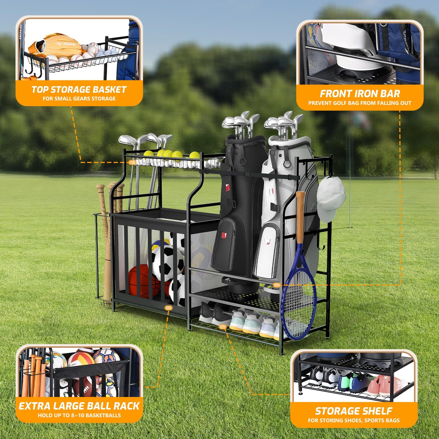 PLKOW Sports Equipment Organizer Rack, Garage Ball Rack, 2 Golf Bag Storage and Sports Gear Organizer for Garage