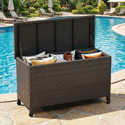 185 Gallon Wicker Deck Box, All-Weather Outdoor Storage Bin with Rattan Finish, Large Capacity for Patio Furniture, Cushions, Pool Supplies & Garden Tools (Brown)