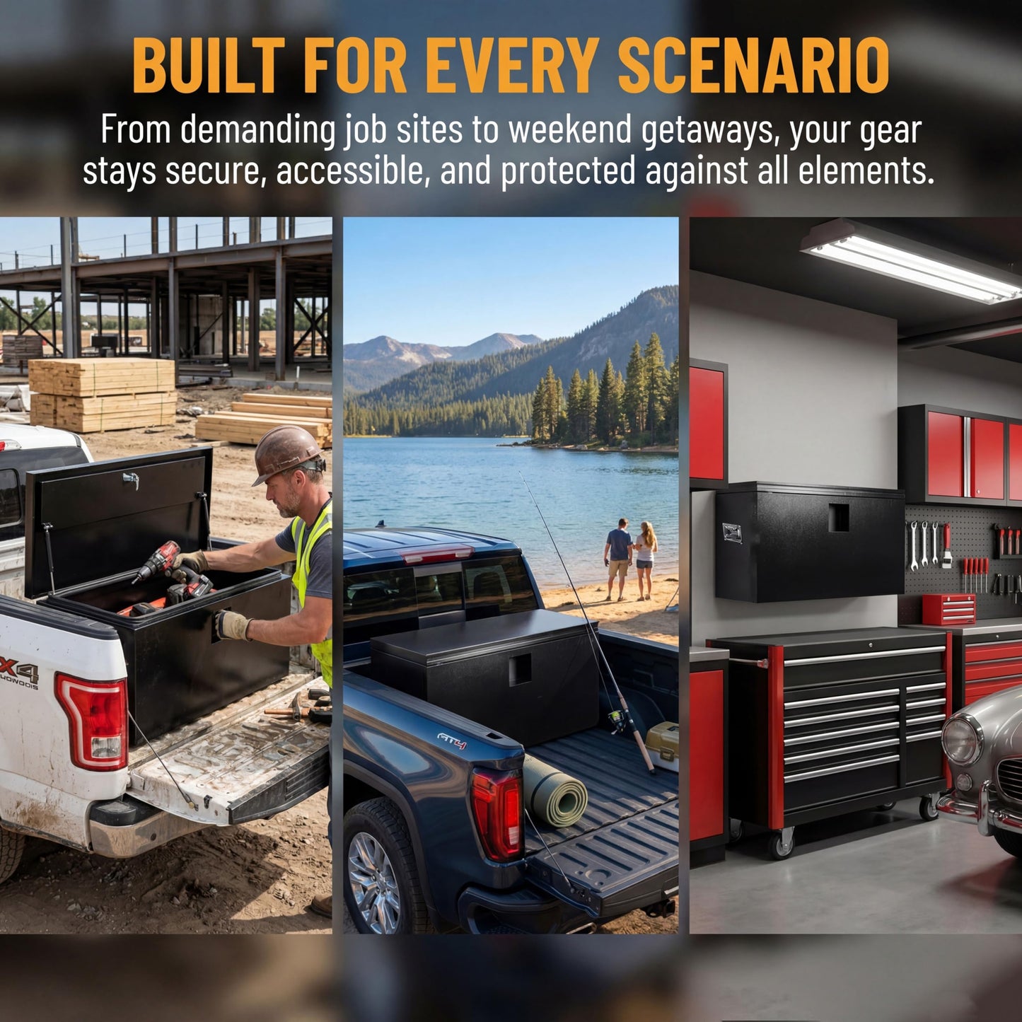 YRCHOFQU 24" x 15" x 15" Heavy Duty Black Steel Truck Bed Tool Box, Trailer Tongue Storage Chest with Weatherproof Seal & Pneumatic Hinge for Pickup, RV, Utility Vehicles