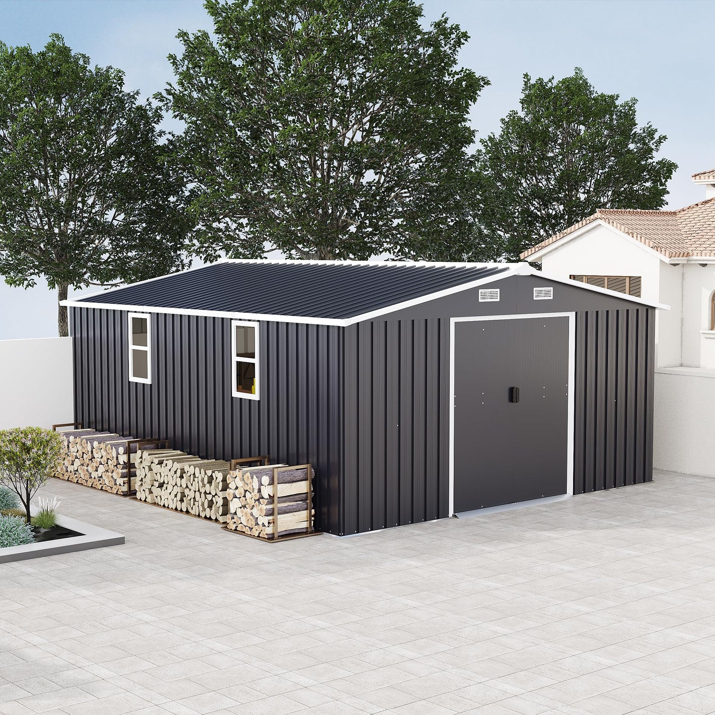 KEIKI 10' x 12' Metal Garden Storage Shed with Foundation Kit, Double Door Outdoor Tool Shed with 2 Windows, Color Steel Construction, Dark Gray