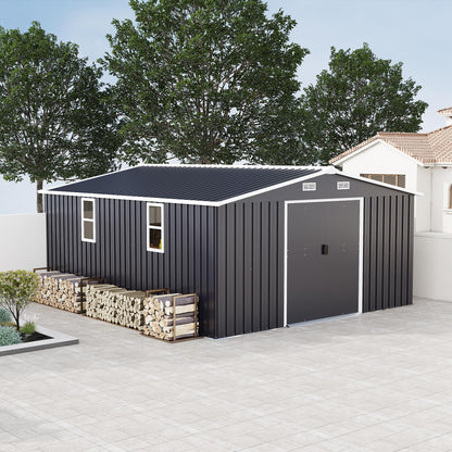 KEIKI 10' x 12' Metal Garden Storage Shed with Foundation Kit, Double Door Outdoor Tool Shed with 2 Windows, Color Steel Construction, Dark Gray
