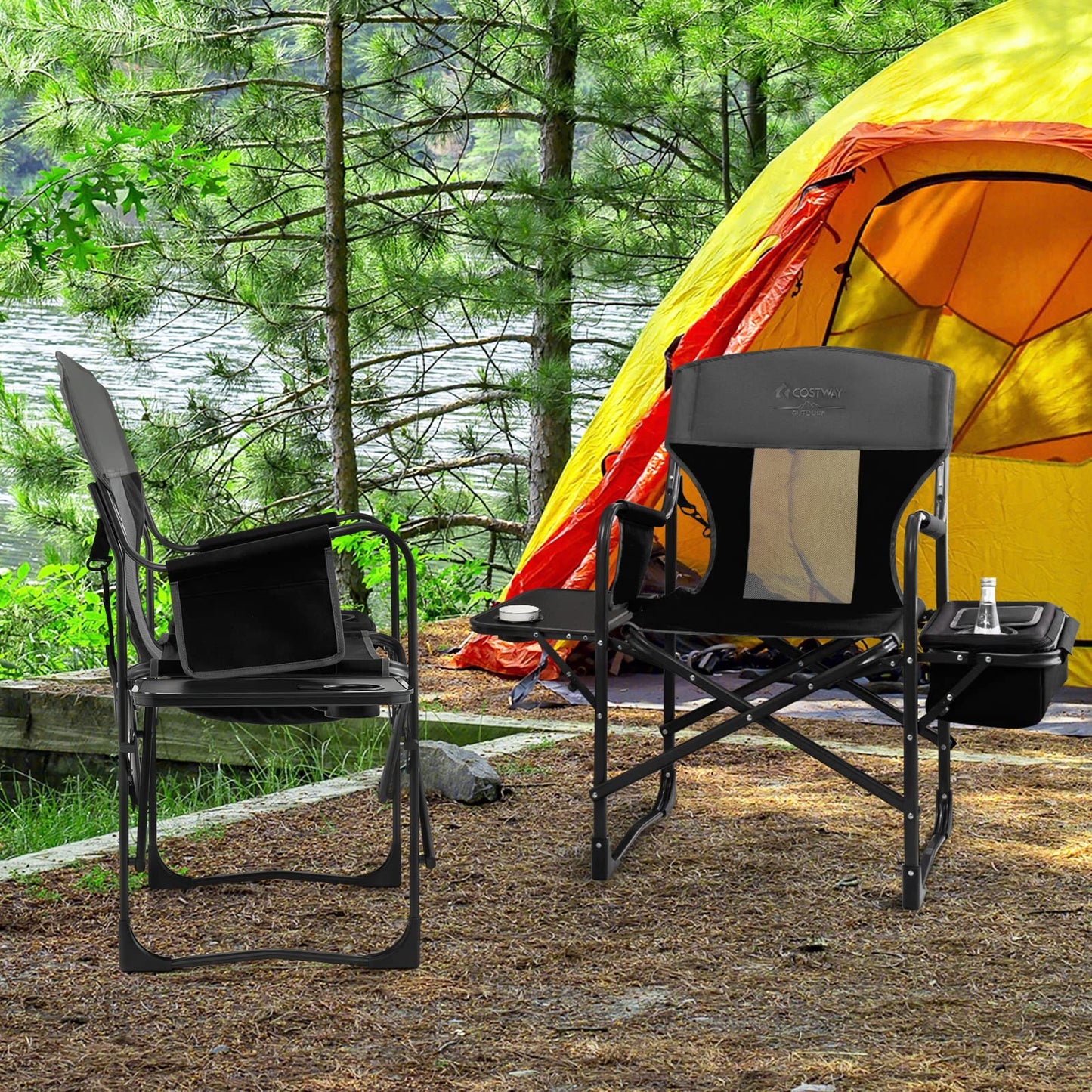 COSTWAY 2-Pack Folding Camping Chair, Heavy-Duty Director Chair Supports 400lbs for Adults with Side Table, Cooler Bag, Storage, Strap, Portable Makeup Chair Set of 2 for Fishing Picnic, Black
