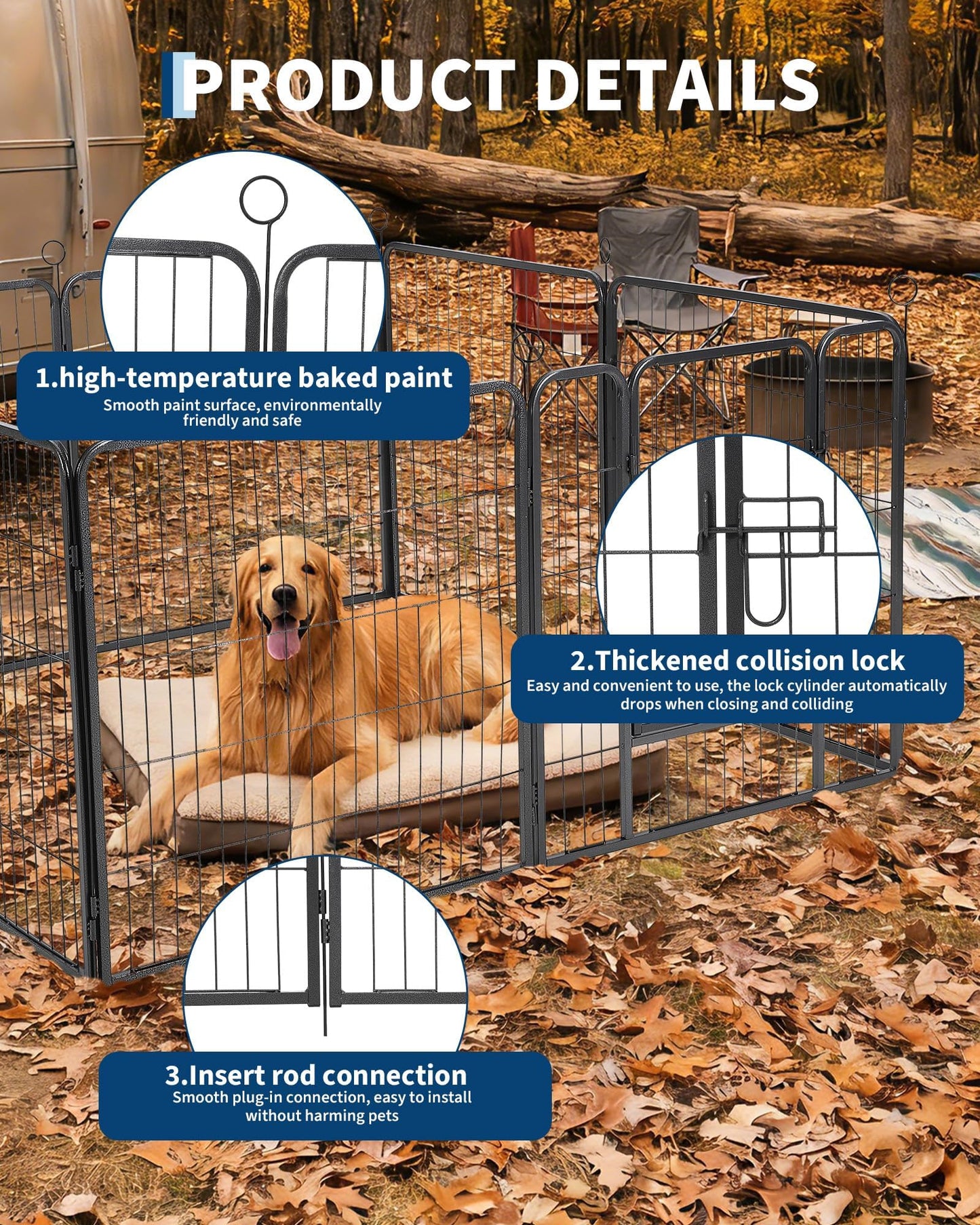 40 Inch 8 Panels Dog Playpen, Heavy Duty Metal Pet Exercise Pen with Secure Gate, Foldable Portable Dog Fence, Anti-Rust Metal Puppy Playpen for Large Small Dogs, Outdoor Yard RV Camping & Indoor Use