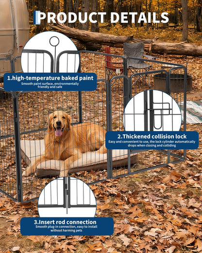 40 Inch 8 Panels Dog Playpen, Heavy Duty Metal Pet Exercise Pen with Secure Gate, Foldable Portable Dog Fence, Anti-Rust Metal Puppy Playpen for Large Small Dogs, Outdoor Yard RV Camping & Indoor Use
