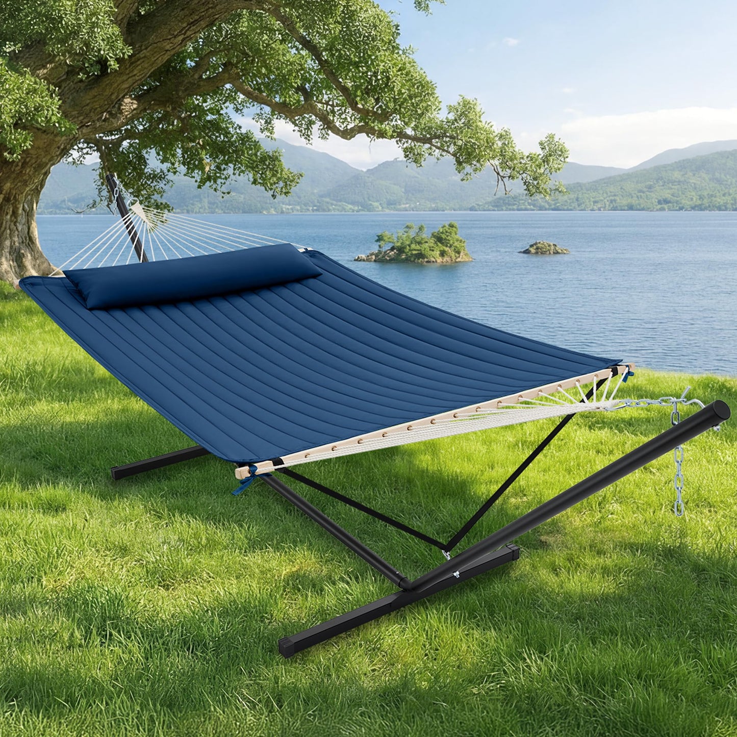 SUPERJARE 12ft Double Hammock with Stand, Rope Hammock for 2 Person, Detachable Hammock Bed and Pillow, Portable, Anti-Tip Safety Ropes, Carry Bag, Outdoor Backyard Patio Camping, Navy Blue
