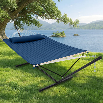 SUPERJARE 12ft Double Hammock with Stand, Rope Hammock for 2 Person, Detachable Hammock Bed and Pillow, Portable, Anti-Tip Safety Ropes, Carry Bag, Outdoor Backyard Patio Camping, Navy Blue