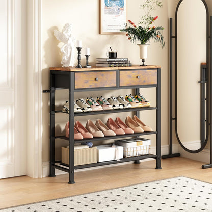 Kitstorack Shoe Rack - 4-Tier Organizer for 9-12 Pairs with 2 Drawers & Wooden Top | Rustic Brown