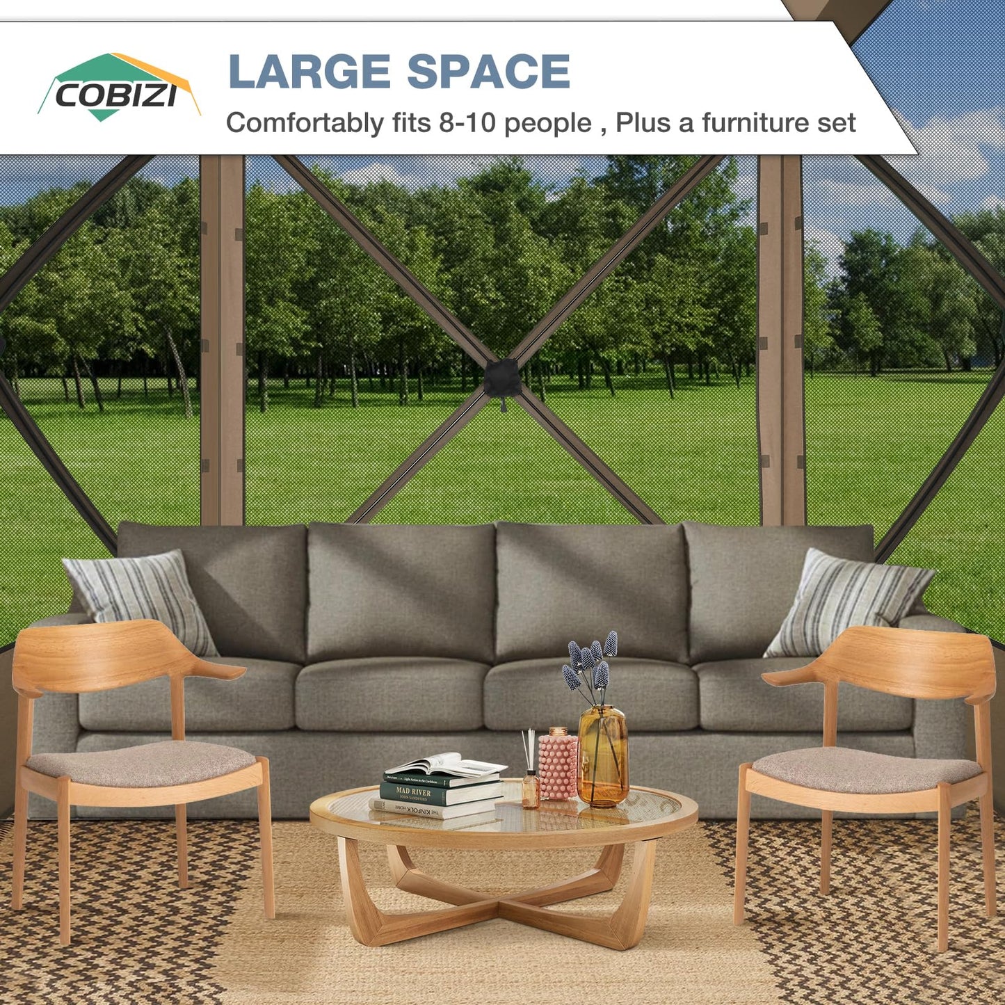 COBIZI Pop Up Gazebo Screen Tent Screen House for Camping, 6FTx6FT Screen Room with Mosquito Netting, Hub Tent Instant Screened Canopy with Carrying Bag and Ground Stakes, Khaki
