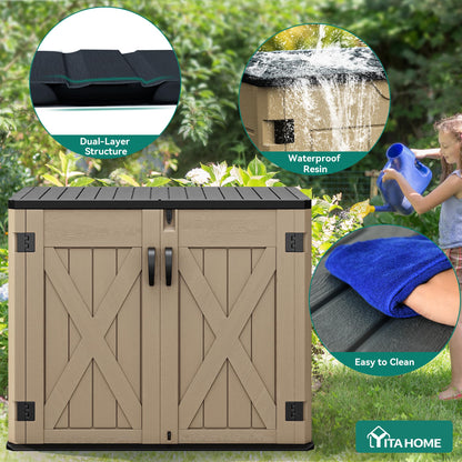 YITAHOME Outdoor Horizontal Storage Shed with X-Shaped Lockable Door, 35 Cu Ft Weatherproof Resin Tool Shed w/o Shelf, Ideal for Bike, Trash Cans, Garden Tools, Lawn Mowers, Brown