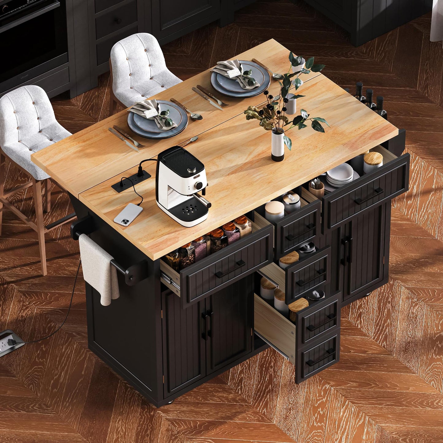 Trygoal Kitchen Island with Power Outlet and Drop Leaf, 56.5" Rolling Kitchen Cart on Wheels with 5 Drawers & 4 Soft-Closing Doors, Mobile Kitchen Island with Embossed Stripe for Dining Room, Black