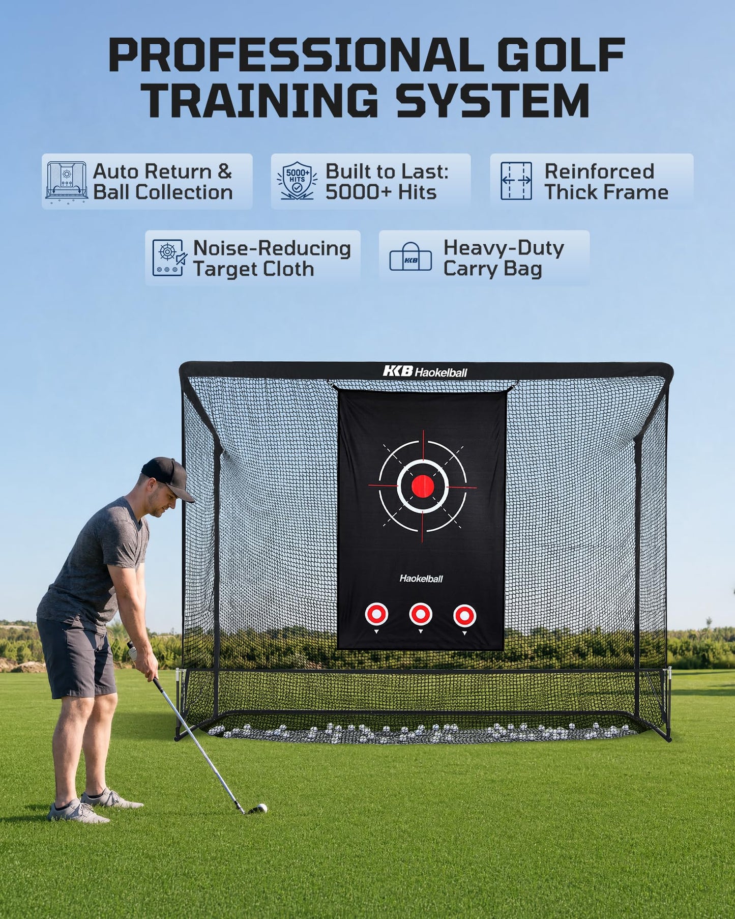 Haokelball Golf Hitting Net for Backyard, 10x8ft Driving Real Balls Practice Nets for Indoor Outdoor Use, Heavy Duty Netting with Side Barriers, Impact Target Cloth and Carry Bag