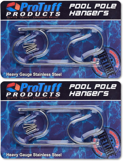 ProTuff Pool Pole Hanger Set - 2 Pack of Rust-Proof Stainless Steel Hooks - Easy Install for Poles, Nets & Skimmers