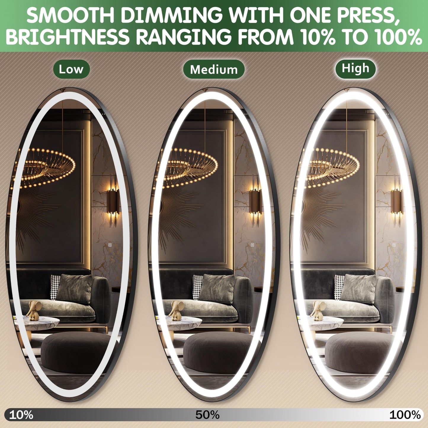 FENNIO 70" x 36" Large Wall Mounted Mirror with LED Lights, Oval Full Length LED Lighted Full Body Dressing Mirror for Bedroom, Salon, Brushed Aluminum Frame, Tempered Glass