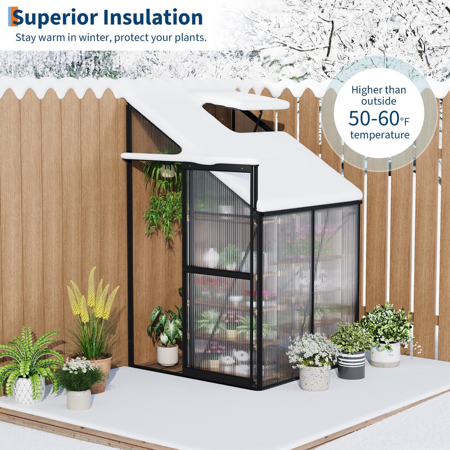 GarveeHome 4x4FT Greenhouse, Small Walk-in Polycarbonate Greenhouse with Adjustable Vent Window, Sliding Door, Portable Green House Kit for Outdoors, Winter