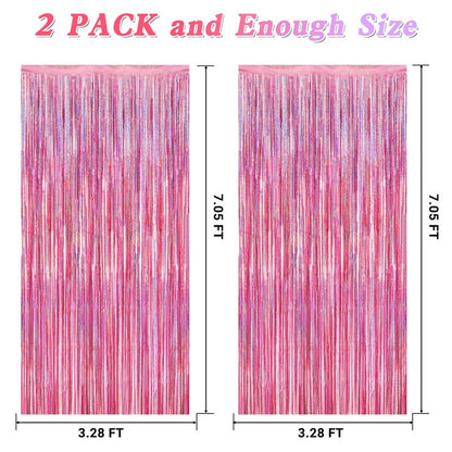 2 Pack Glitter Pink Backdrop, 3.28 FT x 7.05 FT Birthday Party Decorations, Laser Pink Fringe Curtains Foil Streamer Tinsel, Pink Curtains Photo Backdrop Happy Birthday Valentines Day Backdrop