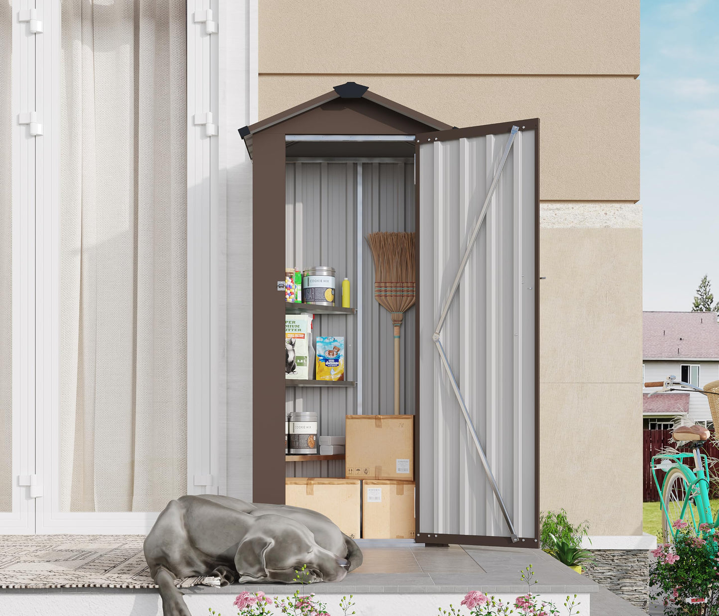 KEIKI Outdoor Storage Shed, 69.7''x16.9''x29.5'' Metal Tool Shed with Sloping Roof & Lockable Door, Small Shed, Top Tall Vertical Tool Cabinet for Backyard Garden Patio Lawn