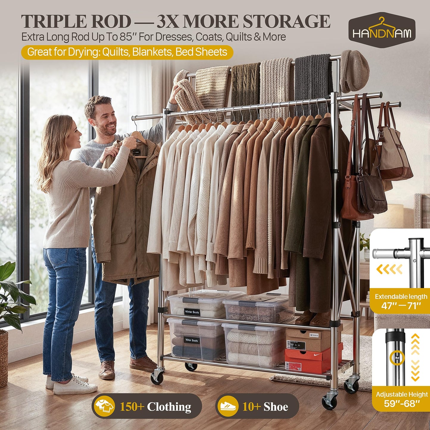 Heavy Duty Clothes Rack Load 620 LBS Foldable, Triple Rod Rolling Garment Rack for Hanging Clothes with Sturdy Wheels & Shelves, Adjustable ＆ Portable Commercial Clothing Rack with Lockable Wheels