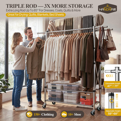 Heavy Duty Clothes Rack Load 620 LBS Foldable, Triple Rod Rolling Garment Rack for Hanging Clothes with Sturdy Wheels & Shelves, Adjustable ＆ Portable Commercial Clothing Rack with Lockable Wheels