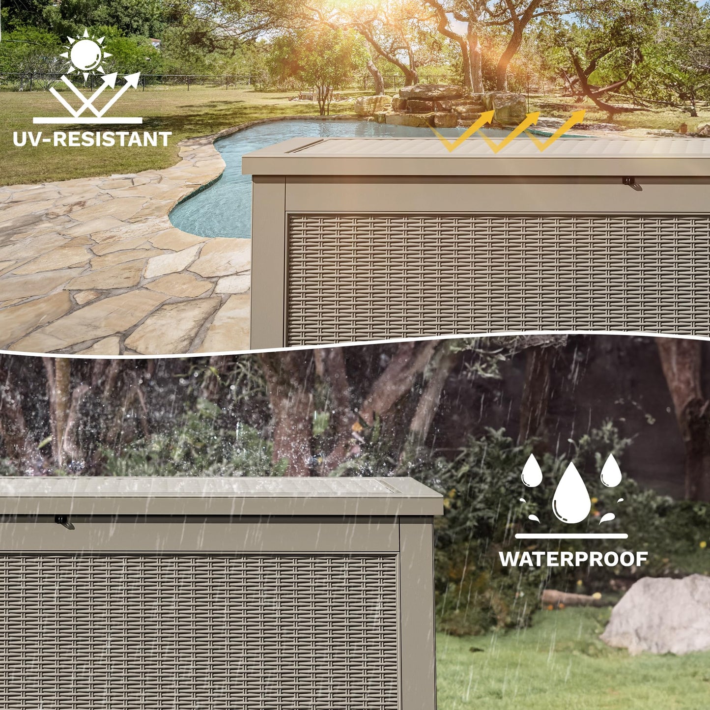 DWVO 320 Gallon Resin Outdoor Storage Box, XXL Large Waterproof Deck Box, Doubles as Table or Seating with 1000 lbs Capacity, Lockable (Brown)