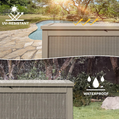 DWVO 320 Gallon Resin Outdoor Storage Box, XXL Large Waterproof Deck Box, Doubles as Table or Seating with 1000 lbs Capacity, Lockable (Brown)