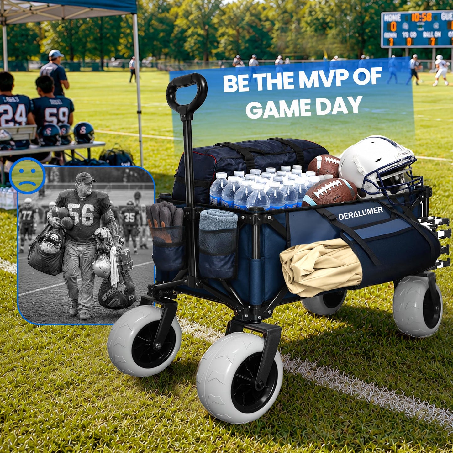 X800 Heavy Duty Beach Wagon with 9x4 Sand-Proof All-Terrain Wheels, 300L Oversized Foldable Wagon Cart with Side Bag, All-Terrain Utility Wagon for Beach Essentials, Sport, Camping（Navy Blue）