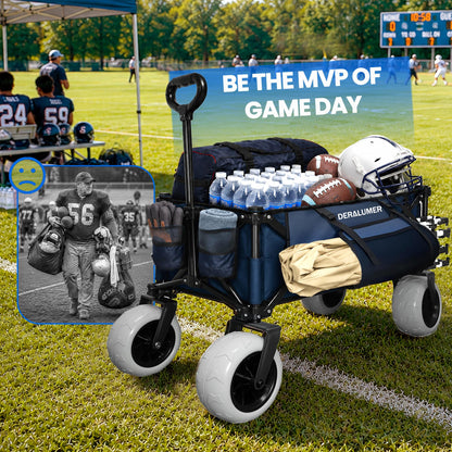 X800 Heavy Duty Beach Wagon with 9x4 Sand-Proof All-Terrain Wheels, 300L Oversized Foldable Wagon Cart with Side Bag, All-Terrain Utility Wagon for Beach Essentials, Sport, Camping（Navy Blue）