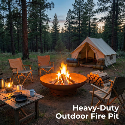 KOL Fire Pit for Outside Wood Burning, 35.5 Inch Large Round Firepit Bowl Outdoor and Patio, Heavy-Duty Bonfire Pit Oxidized Finish, Free-Standing, Camping Backyard Terrace
