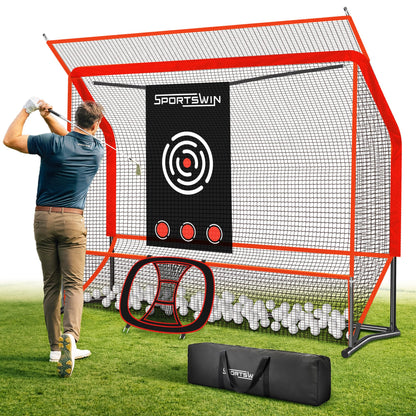 Golf Practice Net Set 10x7.5FT, Heavy Duty Golf Hitting Net for Backyard & Indoor Training, Golf Swing Practice Net with Ball Return System, Extended Top Barrier, Target Cloth & Carry Bag.