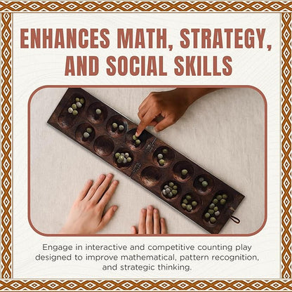 Africa Heartwood Project African Oware Mancala Board - Wooden Folding Mancala Square Shape Hand-Carved Solid Wood with Elephant Design 48 Seeds and Instructions Included