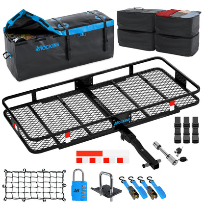 Mockins 60"x20"x6" Heavy Duty Trailer Hitch Cargo Carrier w/ 16 Cu Ft Waterproof Cargo Bag & 4 Packing Cubes | 500 Lbs. Capacity Folding Luggage Rack for SUV Car Truck & RV w/Hitch Basket Accessories